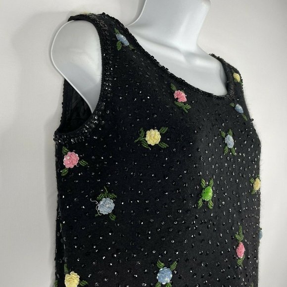 Vintage 50s Black Wool Angora Hand Beaded Sequined Rosettes Sleeveless S… - Picture 4 of 8